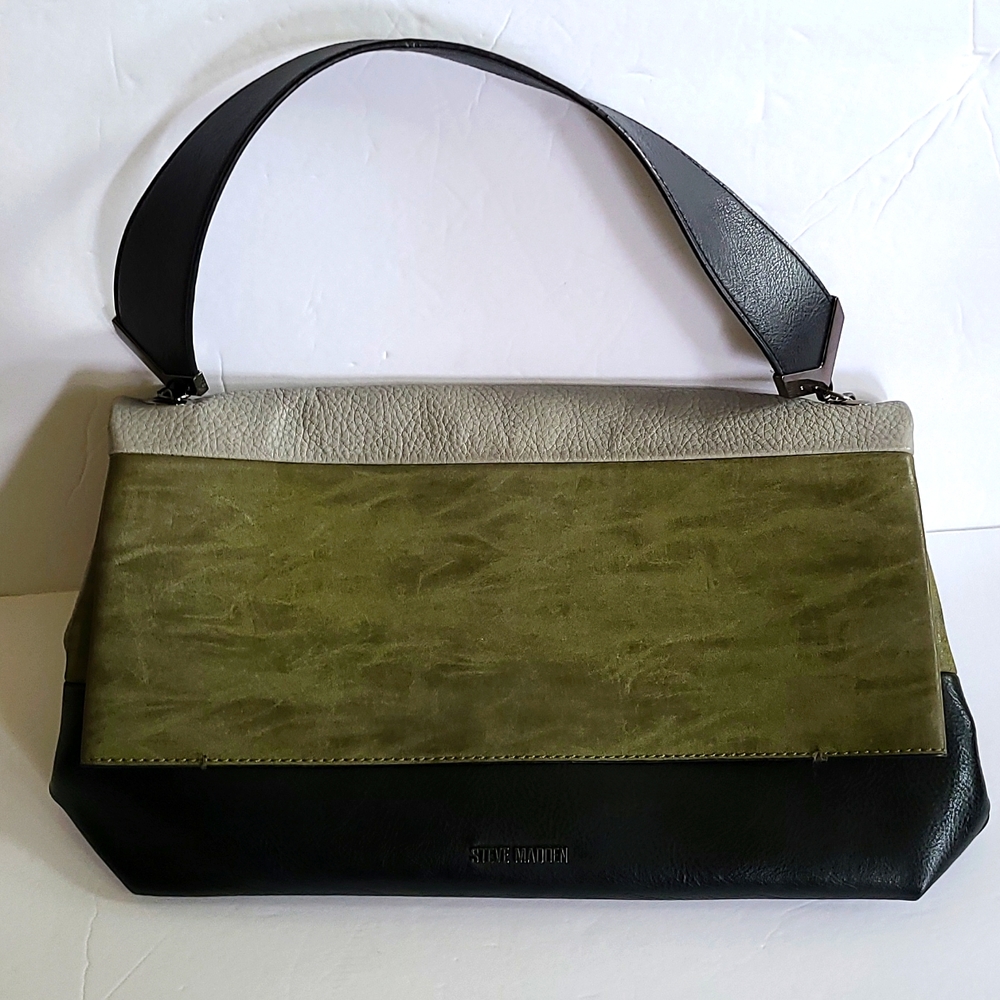 Steve Madden gray olive green black striped  faux Leather shoulder purse cute